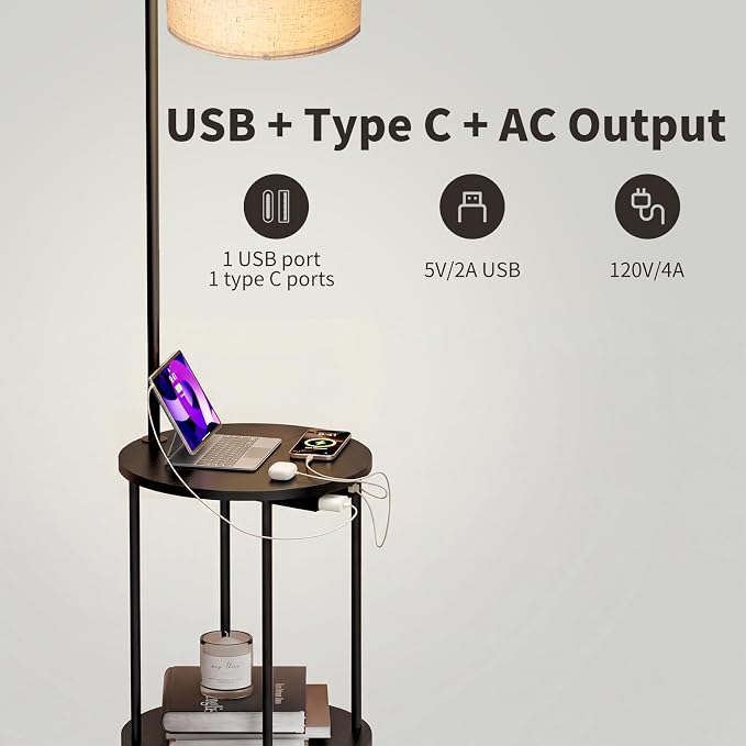 ONEWISH Floor Lamp with Table, USB/Type-C/AC Charging Ports, 9W LED Bulb, Round Table & Nightstand for Bedroom & Living Room(Black)