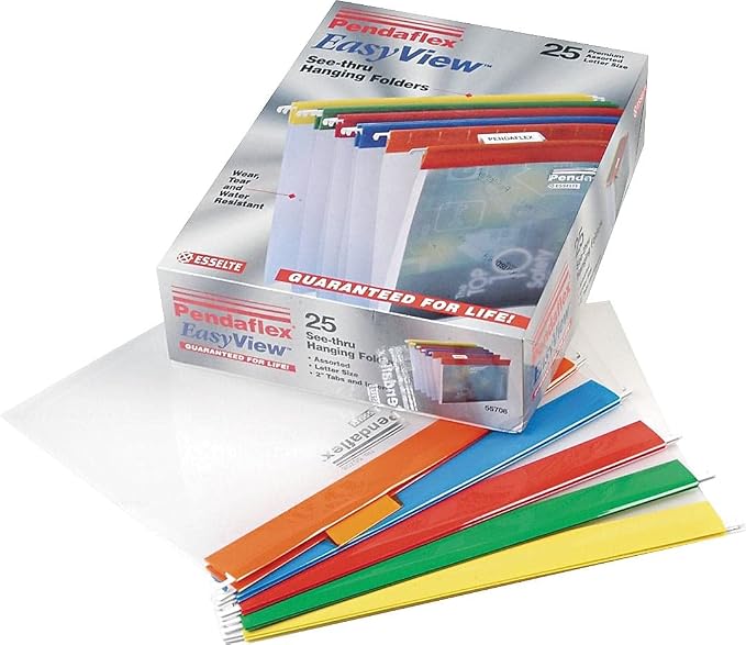 Pendaflex 55708 Poly Hanging File Folders, 1/5 Tab, Letter, Assorted Colors (Box of 25)