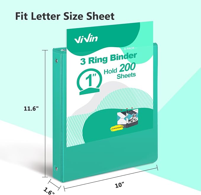ViVin 1 Inch Round Ring View Binder for Durability, 6-Pack (Lake Green) | Standard 3 Ring Binder for 200 Sheets of US Letter Size Paper, PVC-Free, Clear View Cover, Office Home School Use