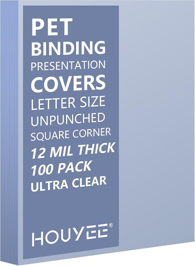 HOUYEE 100 Pack 12 Mil Ultra Clear Binding Presentation Covers,8.5" x 11" | Clear Covers for Binding, Transparent Plastic Binding Covers, Letter Size, PET, Un-Punched, for Office School