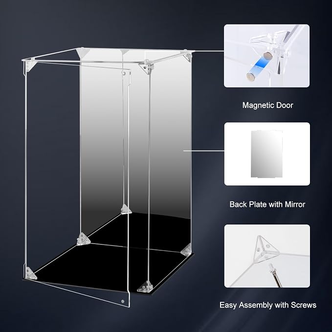Acrylic Display Case Clear Action Figure Display Case with Mirrored Back, Dustproof Storage Display Box Alternative Glass Case for Collectibles Figures Models Doll Toys (12x12x15.7 inch, 30x30x40cm)