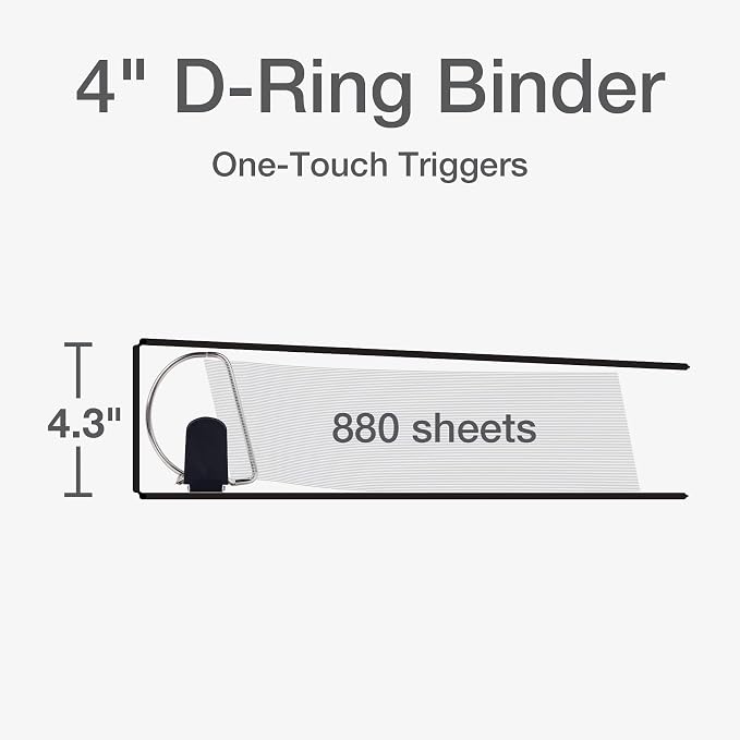 Cardinal 3 Ring Binder, Binders for School and Office, Durable 4 Inch Premier Easy Open Binder, ONE-Touch Locking Slant-D Rings, 880-Sheet Capacity, ClearVue Cover, PVC-Free, Black (10341)
