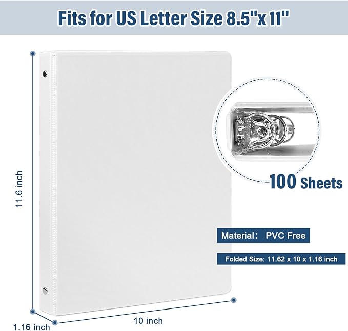 0.5'' Economy 3-Ring Binders, 1/2 Inch Round Rings, 100 Sheet Capacity, ClearVue Presentation View, Non-Stick, Bulk Pack of 12 (White - 12 Packs)