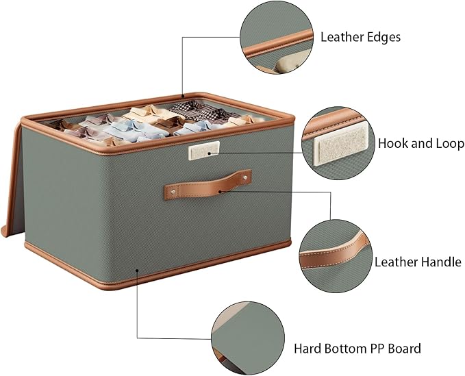 Tuza 2 Pack Storage Bins with Lids, Collapsible Closet Organizer Container, Fabric Organizer Box with Handles, Decorative Storage Boxes with Lids for Organizing Clothes, Blanket, Grey, Medium
