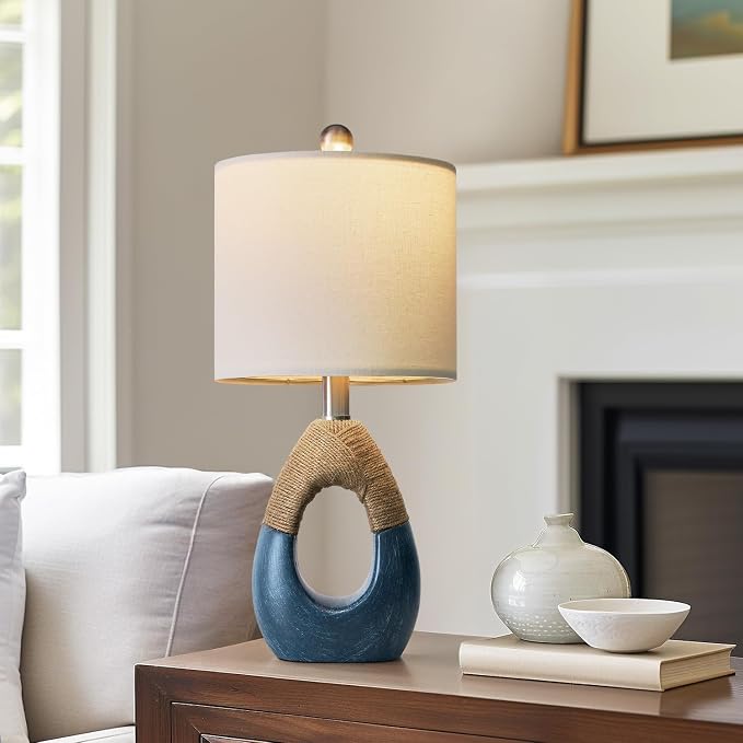 19" Boho Bedside Lamps Set of 2, Suitable for Small Spaces, Blue Table Lamps for Living Room & Coastal Farmhouse End Tables