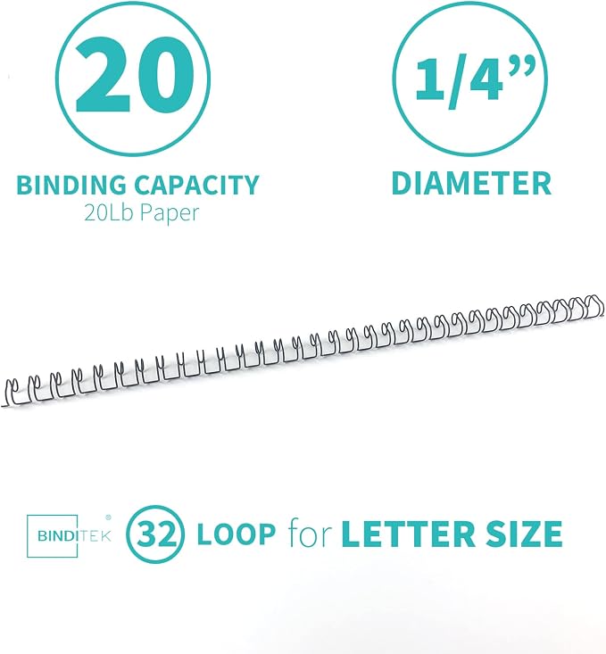 Binditek 100 Pack Double Loop Wire Binding Spines, 1/4Inch Binding Wire for Letter Size, 3:1 Pitch, 20 Sheet Capacity, 32-Loop, Black, for Students and Coworkers