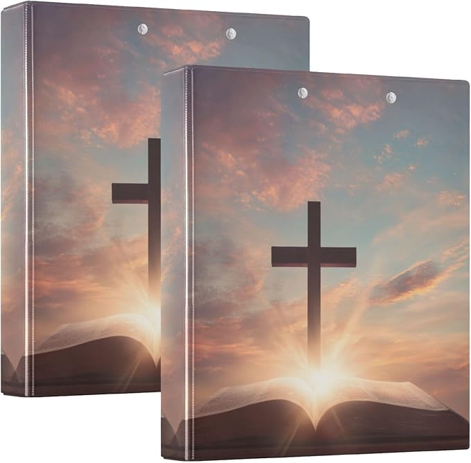 Prayer Bible and Cross Religious Binder 3 Ring 1.5 Inch Binder with Clipboard&Pockets, Hardcover Binders Heavy Duty Large File Folder for Office School Supplies - Holds 200 Sheets, 2 PC
