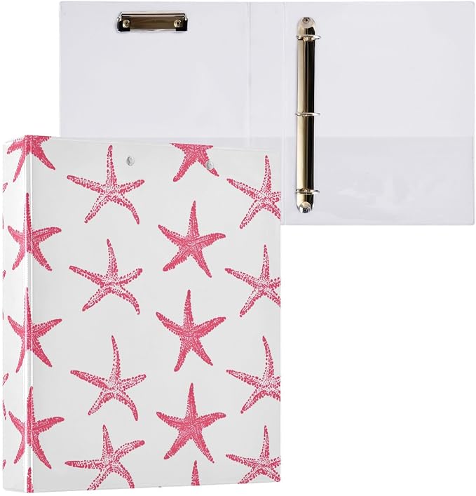 3 Ring Binder Pink Starfish Nautical Coastal Ocean C 1.5 inch Binders Three Ring Binders with Clipboard Fit 8.5'' x 11'' Paper 3 Interior PVC Clear Pockets for Office Supplies