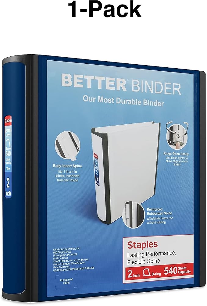 Staples Better Binder, 2-Inch 3-Ring, Blue, Heavy-Duty | Reinforced binder built for school and office document organization.
