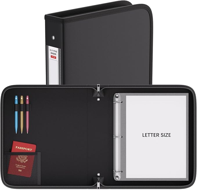 Fireproof 3 Ring Binder with Zipper, 1.5" D Rings Holds 375 Sheets | Fits Letter Size,Compatible with Clear Page Protectors,Built-in Net Pouch Pen Holder,Portable Safe Storage,1 Pack,Black