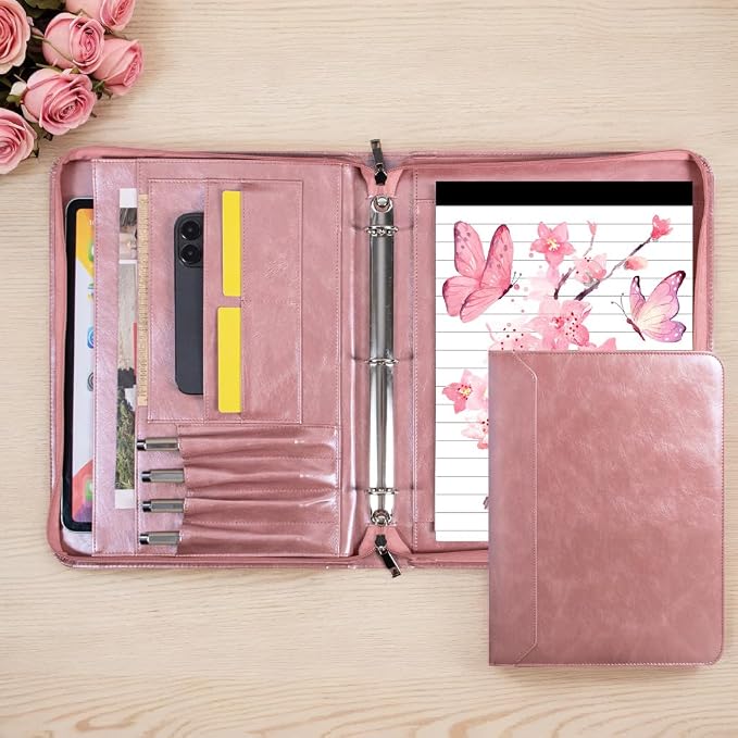 Rose Gold Padfolio,Vegan Leather Portfolio for Women,3-Ring Binder with Zipper, A4 Planner Binder with Laptop Pocket,Legal Size Portfolio,WorkBinder Organizer for Women and Girls