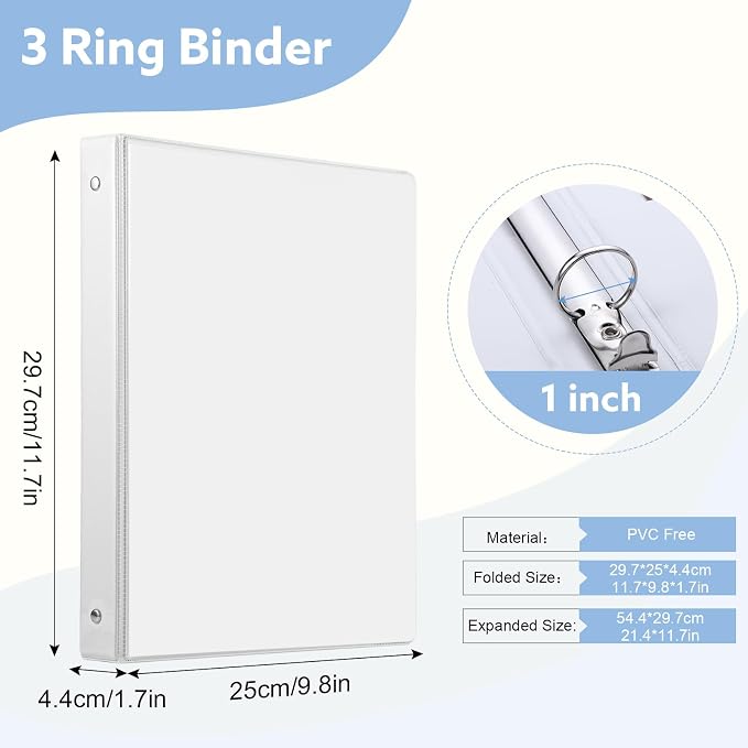 6 Pack 3 Ring Binder, 1 Inch Binder, Round Ring Binders | 2 Interior Pockets & Clear View Overlay, Customizable Cover, Large Capacity, for Office Supplies, School, Home - White