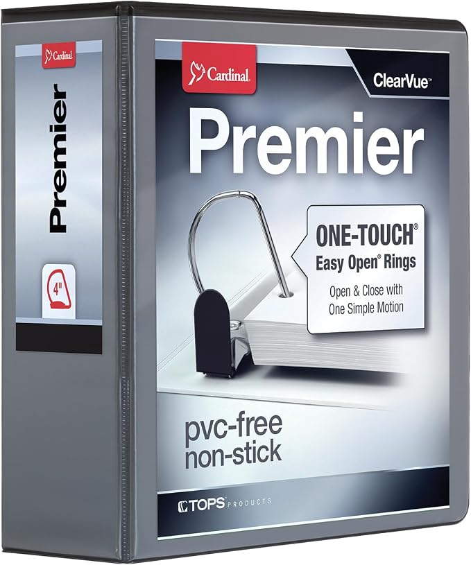 Cardinal 3 Ring Binder, Binders for School and Office, Durable 4 Inch Premier Easy Open Binder, ONE-Touch Locking Slant-D Rings, 880-Sheet Capacity, ClearVue Cover, PVC-Free, Black (10341)