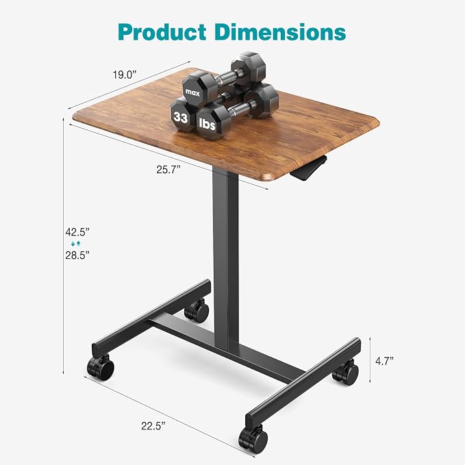 DUMOS Mobile Small Standing Desk, Laptop Desk, Home Office | Portable Rolling Design, 2 Lockable Wheels, Adjustable Height Computer Workstation, 19 Inch, Brown
