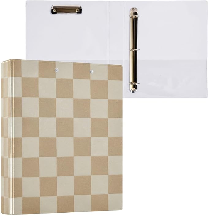 3 Ring Binder with Checkered Beige Design - 1.5 Inch Heavy Duty Three-Ring Binder with 2 Pockets, Round Rings for Office Supplies (Letter Size)