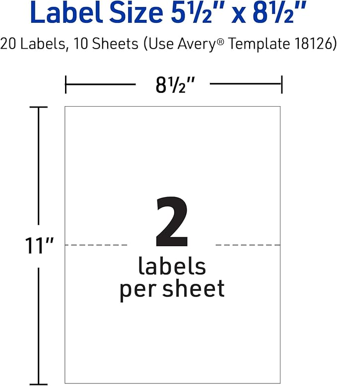 Avery Half-Sheet Printable Shipping Labels, 5.5" x 8.5" Customizable Stickers, White, 20 Blank Mailing Labels, Great for Mailing, Shipping, Organizing, and More (18126)