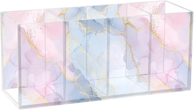 Colorful Tie Dye Acrylic Printed Pen Holder 4 Compartments, Acrylic Plastic Pen Holder Cosmetic Brush Holder Desk Pen Holder Marker Organizer Square Acrylic Pen Holder 4 Compartments