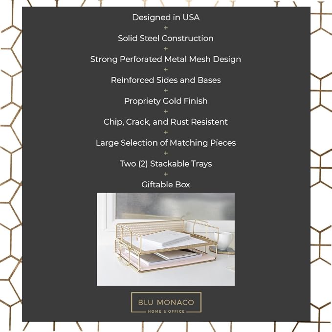 BLU MONACO | Paper Tray Stackable Gold Mesh Set of 2 | Stackable File Trays for Desk Organization | Tiered Desk Organizer with Metal Letter Trays