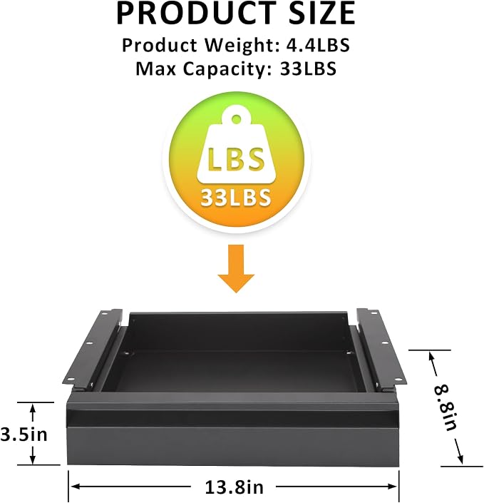 POPMOON 13.8 inch Under Desk Drawer, Steel Pull-Out Storage Organizer | Under Table Drawer with Smooth Slide Rails, Carbon Steel Undermount Drawer, Black Powder Coated, Hold 33 Lbs