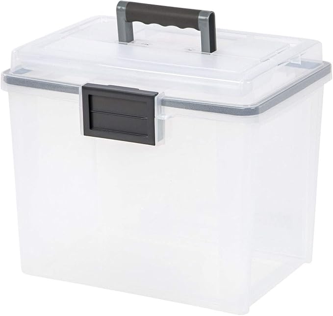 IRIS USA WeatherPro Portable File Box Organizer, 19 Qt. 4-Pack, Clear | Store and transport letter size files, documents and records with weather resistant protection and secure latching