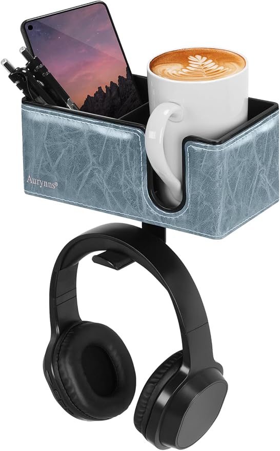 Under Desk Cup Holder Clamp on Cup Holder PU Leather Clip on Desk Organizer | Desk organizer with pencil holder clamp on side, under desk hanging organizer, clip on cup holder desk phone stand holder PU