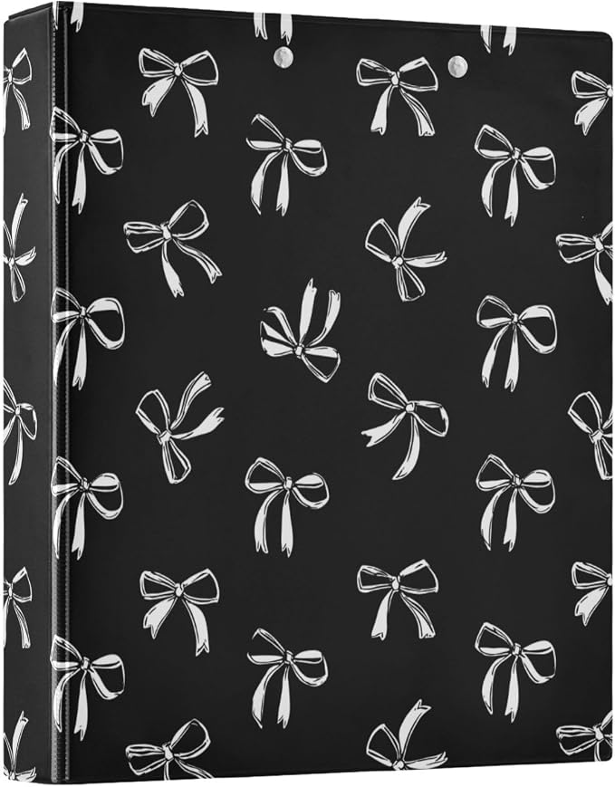 Aslsiy White Bow Ribbon 3 Ring Binder 1.5 Inch Black Round Clipboard Binder Decorative Harcover Binders Organizer for Office Supplies