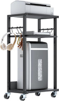 YMYNY 3-Tier Mobile Printer Stand 32.28 * 17.32 * 11.81" Black, HPT002B | Printer Cart with Adjustable Storage Shelf & 6 S-Hooks Tall Printer Table for Home Office,for Computer Tower Stand,Shredder