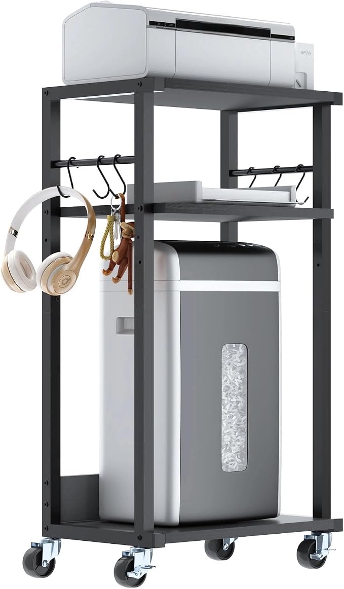 YMYNY 3-Tier Mobile Printer Stand 32.28 * 17.32 * 11.81" Black, HPT002B | Printer Cart with Adjustable Storage Shelf & 6 S-Hooks Tall Printer Table for Home Office,for Computer Tower Stand,Shredder
