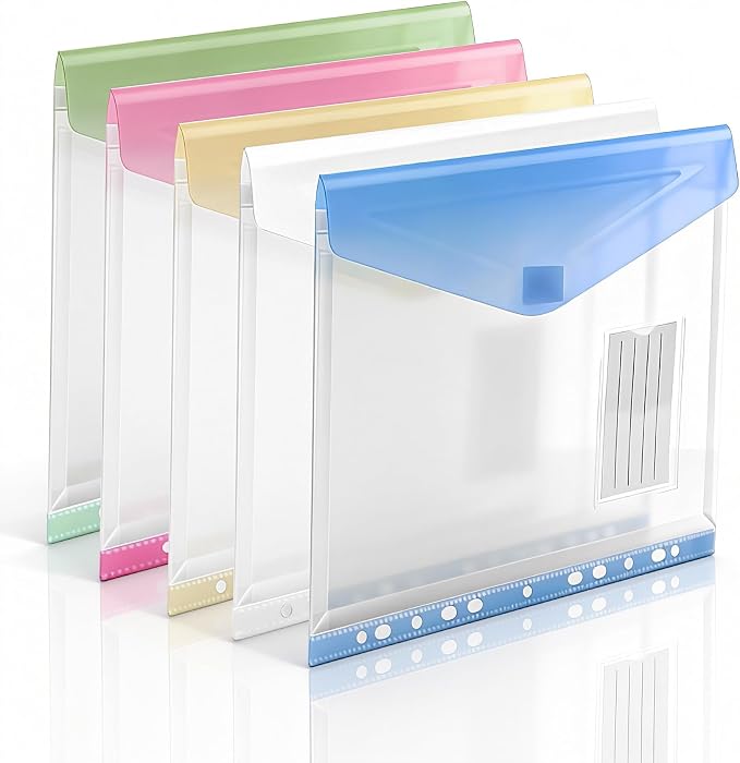 11-Hole Binder Pockets, Fits Letter/A4 Size for 2/3/4 Ring Binder, 5 Pack | Plastic Expanding File Folders with Label & Hook-Loop Closure, 200-Sheet Capacity, Suitable for Home, Office, School