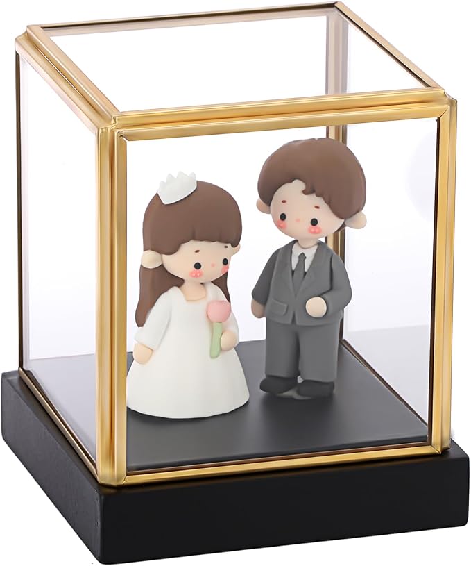 Hipiwe Clear Glass Display Box Case for Collectibles with Black Wood Base | Vintage Gold Display Case for Plants Action Figurine Models Keepsake Boxes, Square, 3.3x3.3x3.6 Inch