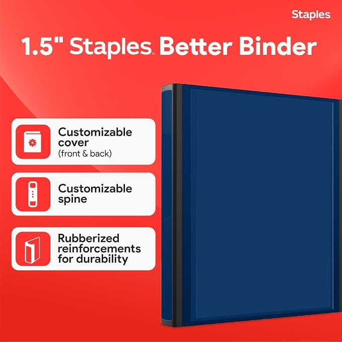 Staples Better View 1.5-Inch D-Ring Binder, Blue – Durable 3-Ring Binder with Clear Overlay for School & Office (Pack of 4)