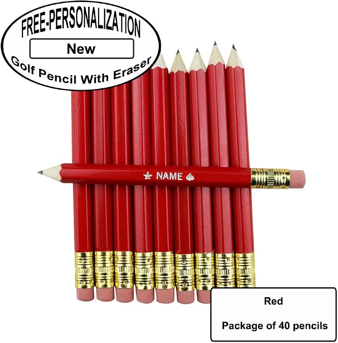 EZPENCILS & GIFTS - Golf Pencils Tipped with Eraser (1/2 a Pencil - Pew Pencils) - Red Colored Barrel - FREE-PERSONALIZATION - 2HB Black Lead - Custom Text - Non-Smear Eraser – Package of 40