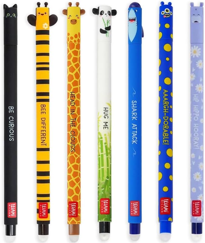 LEGAMI - Set of 7 Erasable Gel Pens with Thermosensitive Erase Ink, Range of ink colours & barrel designs, 0.7mm Tip, Cat, Bee, Monster, Giraffe, Panda, Shark, Hippo Designs