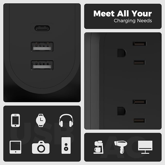TESSAN Tower Power Strip Flat Plug with 1050J Surge Protection, 6 Ft, Black | 11 Outlets 3 USB (1 USB C), Surge Protector Power Tower, Extension Cord with Multiple Outlets, Dorm, Office Desk Supplies