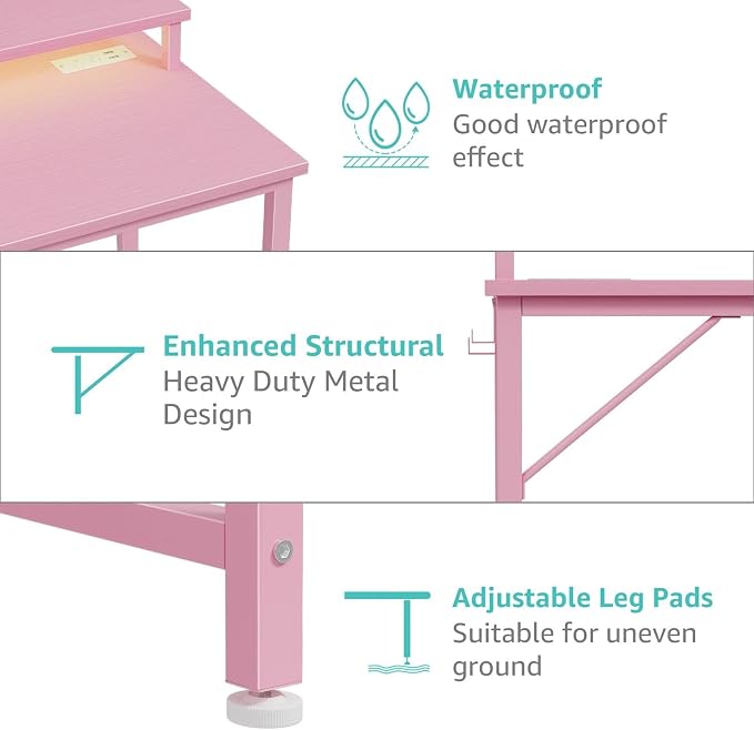 Lufeiya Girls Desk with Power Outlets and LED Lights, 40 Inch Gaming Desk Table with Charging Station, Home Office Computer Desks with Monitor, Pink