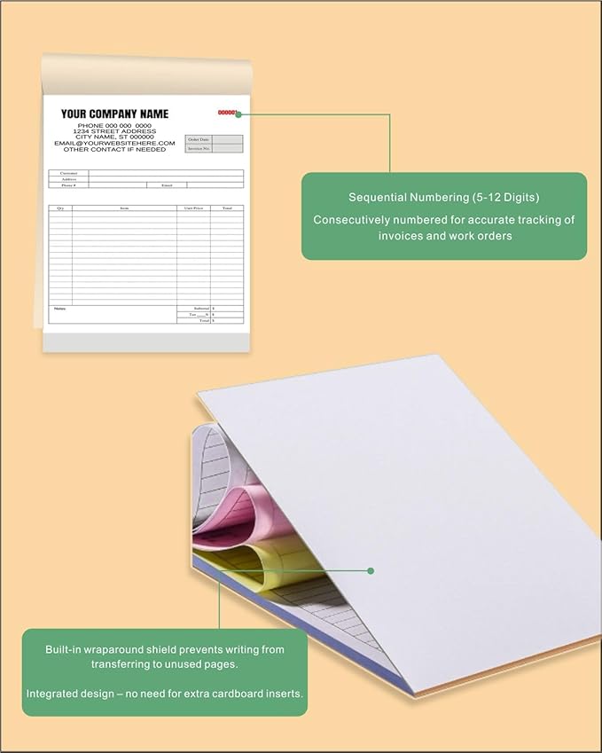 Custom Carbonless Invoice Book with Logo, Personalized Cover & Inner Pages, 2 Part NCR Receipt & Work Order Forms, Easy Tear, Writing Shield for Small Business (2-Part [White/Blue], 11.8x8.3INCH)
