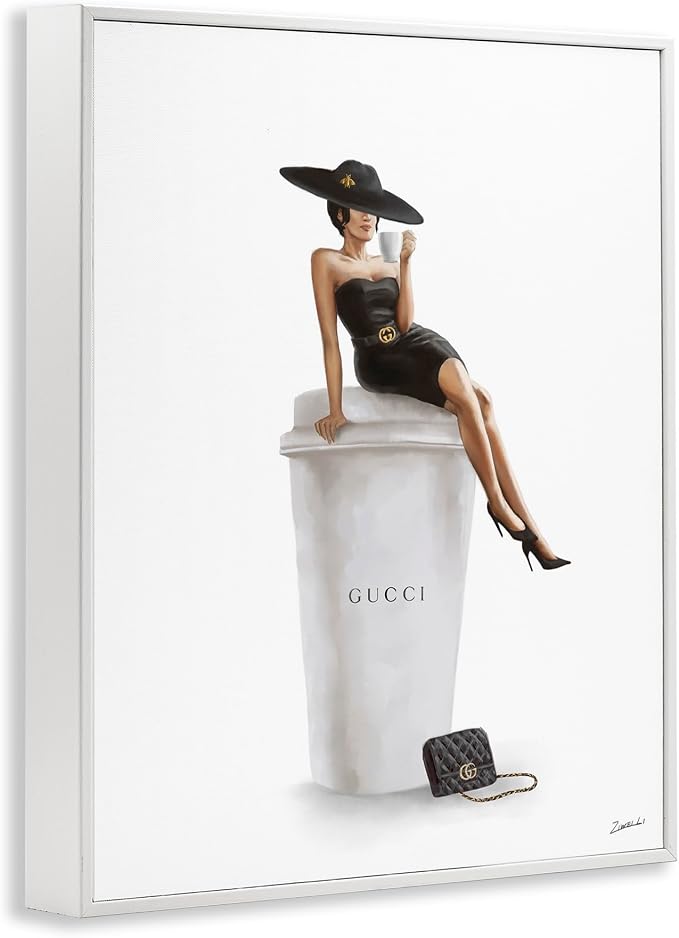 'Fashion Female Pose on Coffee'| Framed Giclee Art | Stupell Industries | White, 11 x 14 Inches, Easy to Hang and Sturdy, Made in USA, by Ziwei Li