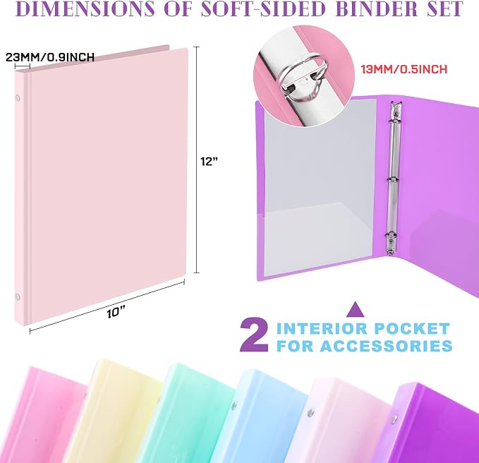 Fulmoon 6 Pack 0.5 Inch Plastic 3 Ring Binders with Pockets, Pastel Colors | Flexible Covers with Round Rings and Front Pockets for Organizing Papers at School, Office, Meetings and Presentations