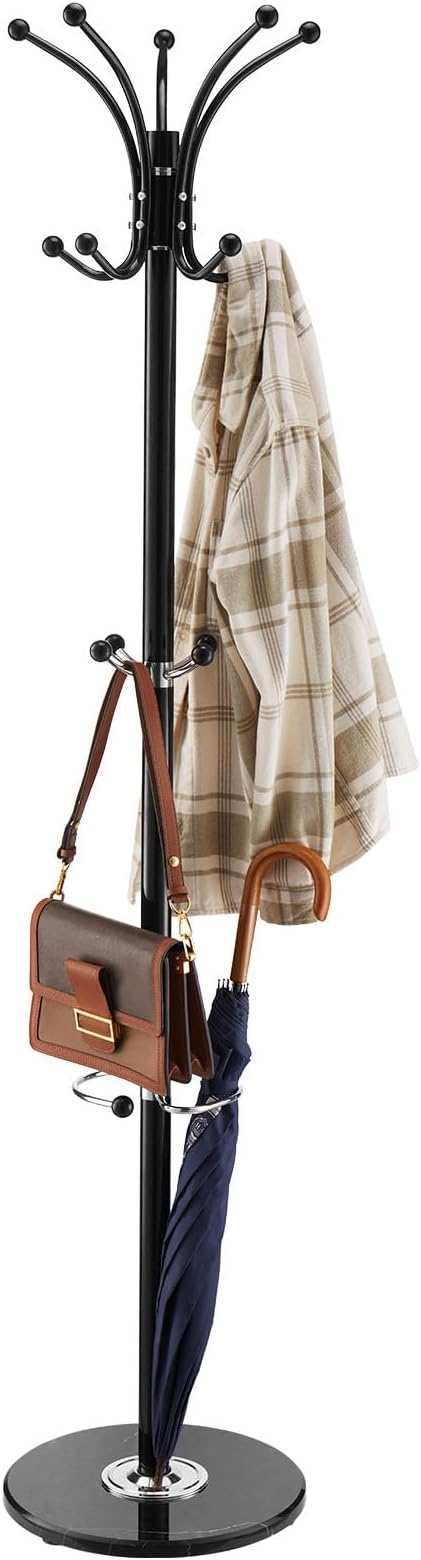 VEVOR Freestanding Coat Rack, Metal Coats Rack Stand with Umbrella Holder, Stable Marble Base & 14 Hooks, Hall Coat Tree for Entryway, Bedroom, Living Room, Stylish Coats Hanger for Hats, Scarves, Bag