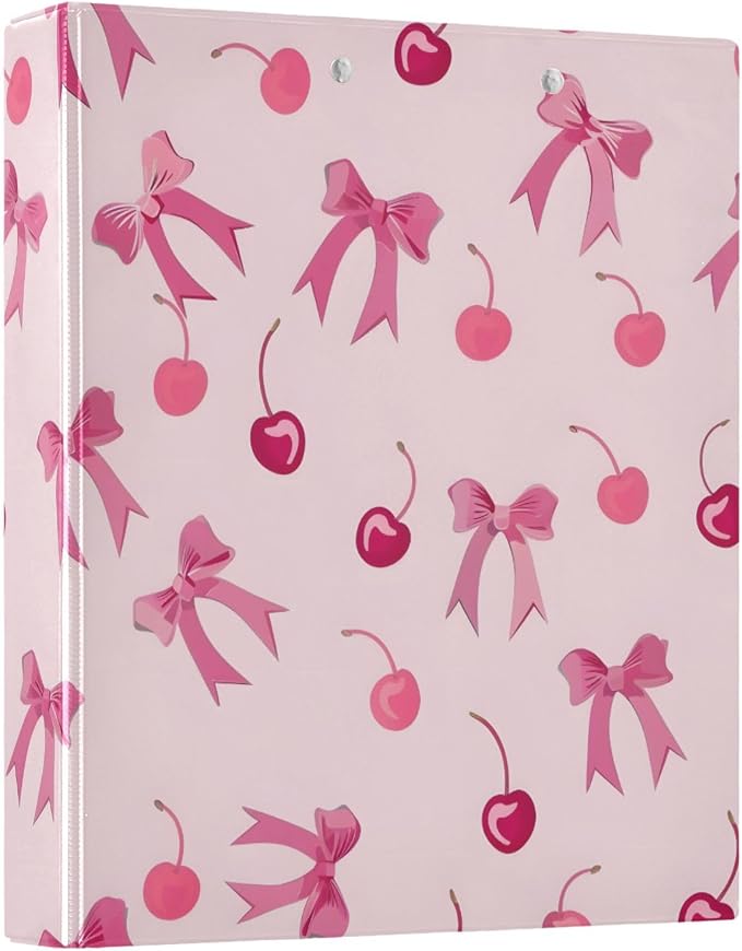 3 Ring Binder Pink Bows Cherry 1.5" Round Ring Binders View Binder with 200 Sheet for Kids School Supplies Women Men Office, 1 Pack