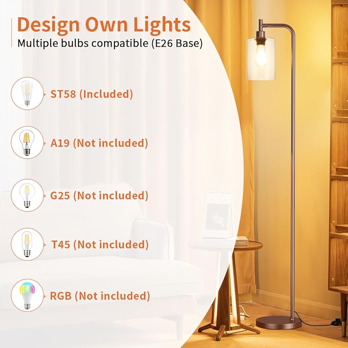 Ziisee Floor Lamps for Living Room - Industrial Standing Lamp with Glass Shade, Modern Floor Lamp with LED Bulbs, Farmhouse Floor Lamp for Bedroom, Tall Lamp for Office - Brown