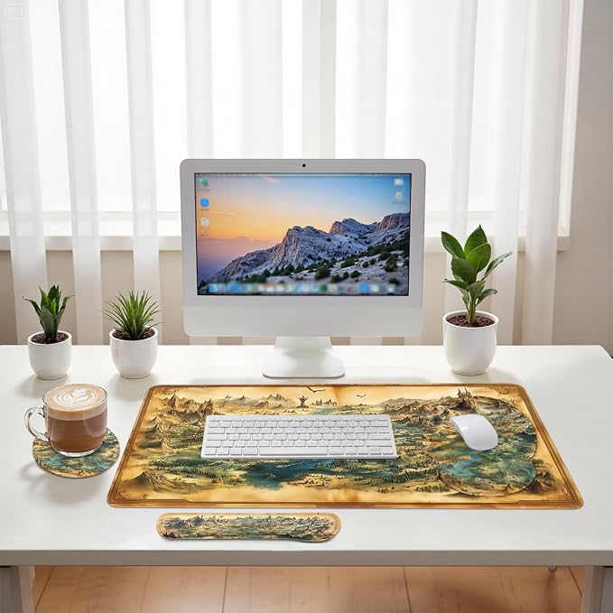 Fantasy Map Mouse Pad Set Vintage Medieval Dragon Castle World Gaming Mousepad 4in1 Desk Mat for Desktop Anti-Slip XXL Big Computer Ergonomic Mousepad with Wrist Support for Keyboard and Mouse