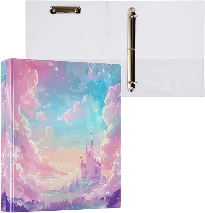 Custom 3 Ring Binder Princess Castle Pink Sky 1.5" Round Ring Binders Personalized Name View Binder with 200 Sheet for Women Men Office Kids School Supplies, 1 Pack