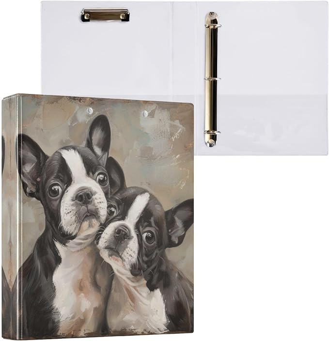 Boston Terrier Puppies Brown 1.5 Inch Binders 3 Ring for Letter Size Holds 200 Sheets Notebook Binder with Clipboard for Women or Men 2 Pack