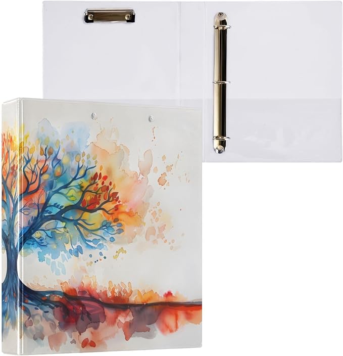 3 Ring Binder Watercolor Tree Life 1.5 inch Binders Three Ring Binders with Clipboard Fit 8.5'' x 11'' Paper 3 Interior PVC Clear Pockets for Office Supplies