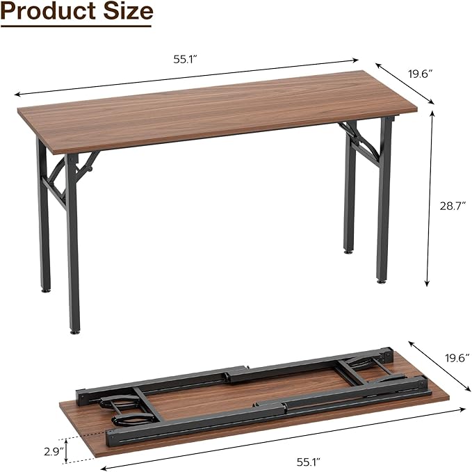 TEMI Long Computer Desk Folding Table - 55.1" Foldable Office Desk, No Assembly, Perfect Writing Table for Bedroom, Dorm, or Apartment, Portable Large Desk or Study Table with Compact Design, Walnut