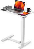 DUMOS Overbed Table with Wheels, Height-Adjustable Bedside Table, White | Rolling standing desk with Pneumatic Lift, Portable mobile desk for Bed, Couch, Office, Sofa