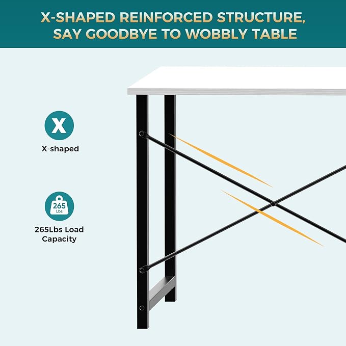 DUMOS 47 Inch Small Computer Desk, Gaming Desks for Home Office Bedroom | Modern Study Writing Work Table, Craft PC Desk Simple Workstation with Reinforcement Structure, Modern White