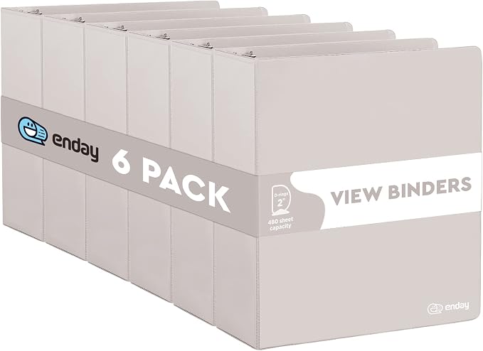 Enday 2 inch 3 Ring Binder (6 Pack - Grey) Binder 2 inch with Clear View Cover and 2 Inside Pocket - for Letter Size 8.5 x 11'' Paper, Ideal for School Supplies, Office, and Home