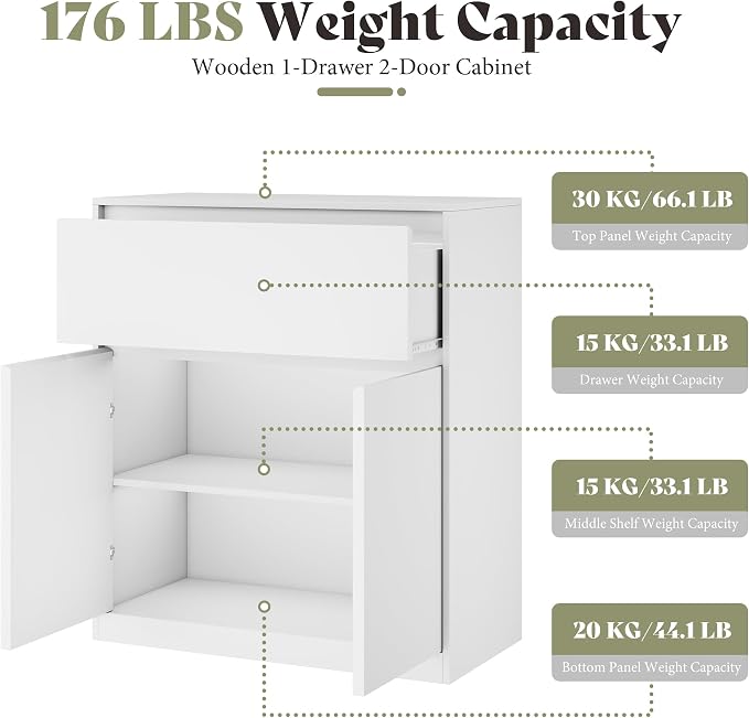 AMERLIFE Storage Cabinet with 2 Doors, 32 x 16 x 36 Inch | 1-Tier Storage Case and Modern Display Shelf for Collectibles, White